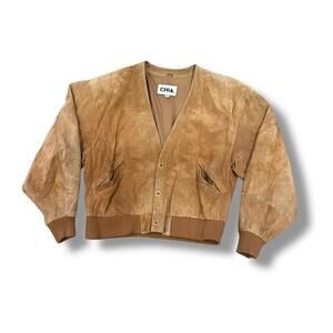 Vintage Chia Camel Leather V Neck Jacket
